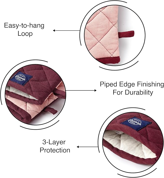 Encasa XO Heat Resistant Cotton Oven Gloves Mitts (2 Pc Set) - Quilted & Safe 12x6.6 in - for Kitchen, Cooking & Baking, Grilling, Handling Hot Pots & Pans - Maroon