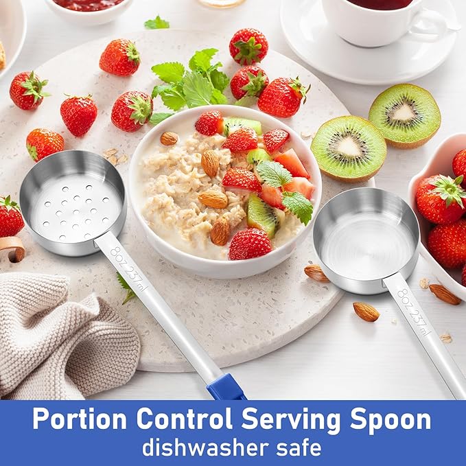 Teenyyou 8 Pcs Portion Control Serving Spoons Portion Scoops Cups Solid and Slotted Stainless Steel Ladle Spoon for Food, Serving Utensils Set for Parties (Dark Blue,8 oz)