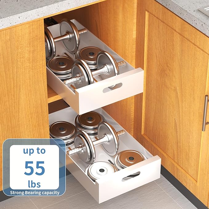 HBL' 1 Pack | 21" Deep Pull Out Cabinet Organizer Adhesive, 12-Inch Wide Sturdy Carbon Steel Roll-Out Drawers, Designed for Frameless Cabinets, Slide-Out Shelves for Pantry.