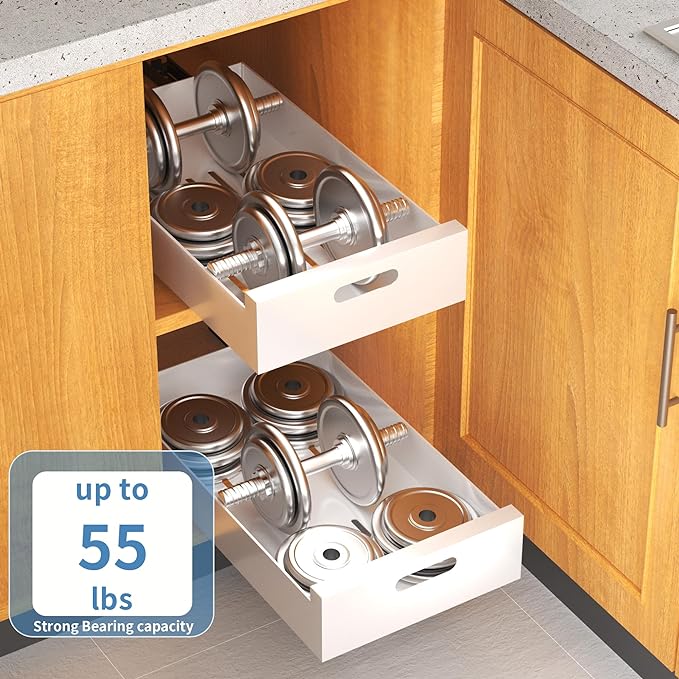 HBL' 2 Pack | 21" Deep Pull Out Cabinet Organizer Adhesive, 12-Inch Wide Sturdy Carbon Steel Roll-Out Drawers, Designed for Frameless Cabinets, Slide-Out Shelves for Pantry.
