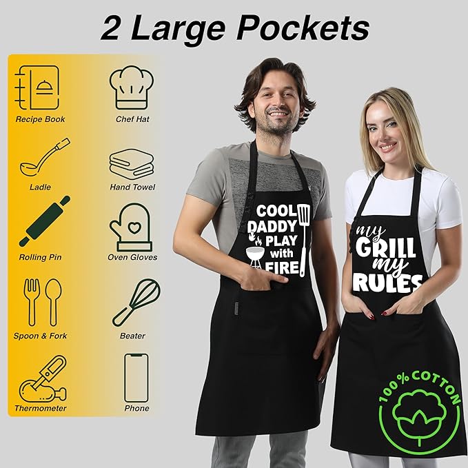TOSHE Funny Apron Waterdrop Resistant Cotton Apron with adjustable Aprons for Women with Pockets 12 Color option Cooking (Black - My Grill My Rules)