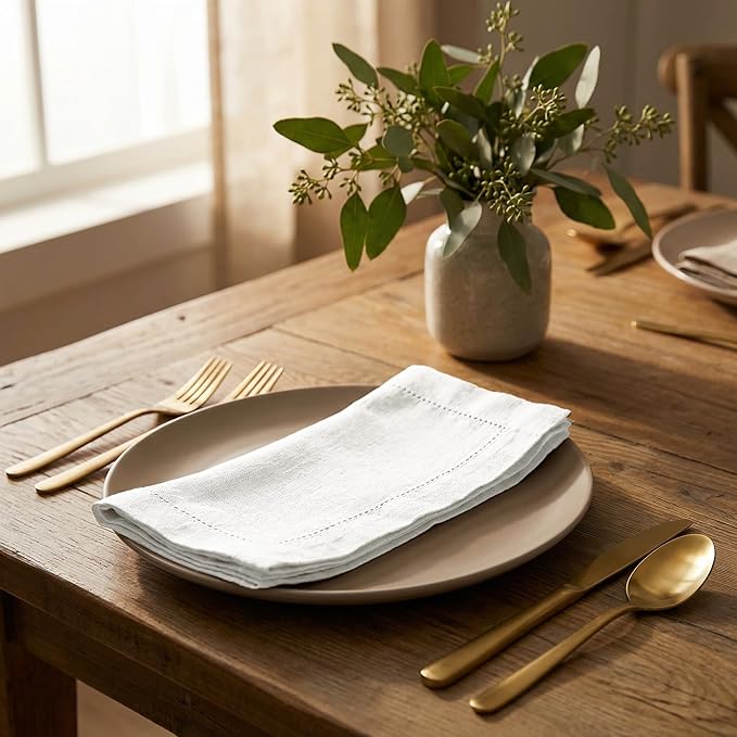 Flax Cloth Hemstitched White Dinner Napkins Set of 4-20x20 Inch, Premium Cotton Linen Decorative Dinning Table Napkin Ideal for Spring, Summer, Easter | Washable Daily Kitchen Use Napkin for Wedding