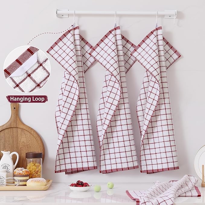 Homaxy Premium Kitchen Towels(16”x 28”, 6 Pack), Large Ring Spun Cotton Dish Towels, Super Absorbent Soft Terry Kitchen Hand Towels, Check Design Tea Towel Set with Hanging Loop, Red