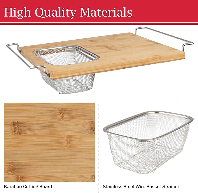 Cutting Board with Strainer - 2 in 1 Adjustable Bamboo Chopping Board with Removable Stainless Steel Colander for Over the Sink by Classic Cuisine