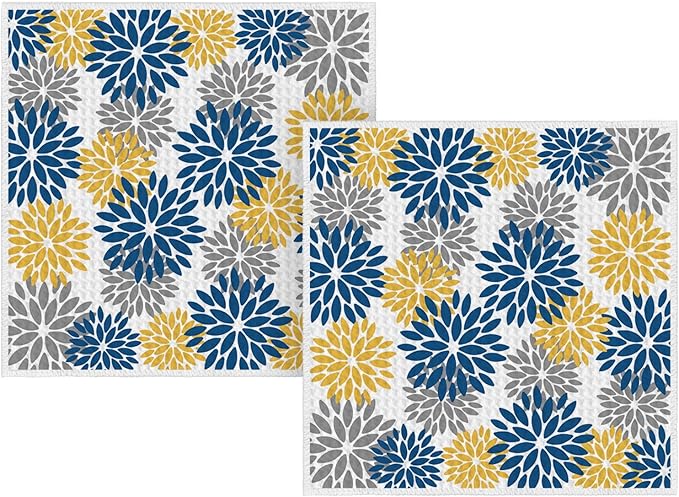 Artoid Mode Dark Blue Dahlia Floral Kitchen Dish Cloths, 12x12 Inch Quick Dry Microfiber Dishcloths for Kitchen Premium Dish Rags Set of 2