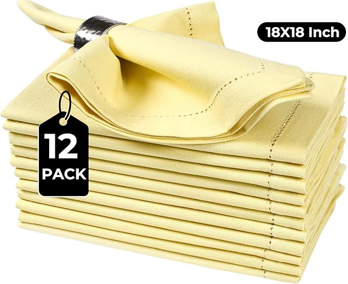 Bedding Craft Cotton Cloth Dinner Napkins Set of 12 – 18x18 French Vanilla Hemstitched – Machine Washable Fabric Napkins for Thanksgiving, Christmas, Weddings & Everyday Dining