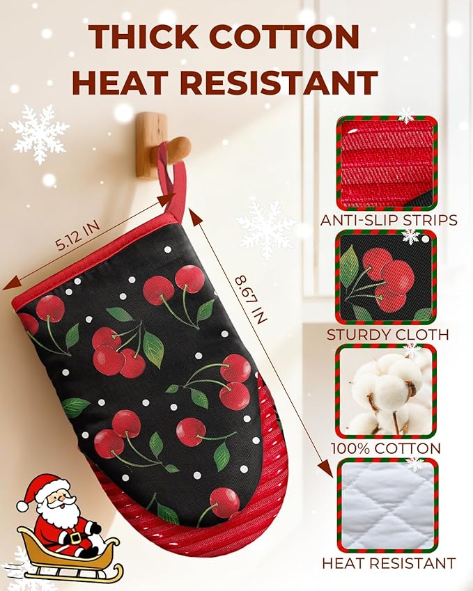 Slohif Cherry Mini Oven Mitts Set – Red Extended Short Heat Resistant Kitchen Gloves for Women, 100% Cotton Oven Mitts with Silicone Grips, Non-Slip and Thick Durable for Cooking & Baking