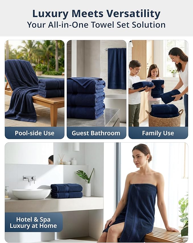LANE LINEN 100% Cotton 4 Pack Bath Towels (28"x54") - Zero Twist, Mercerized Cotton Towels Set for Bathroom - Quick Dry, Soft & Absorbent Large Bath Towel Set - Dorm Essentials for Boys - Navy Blue