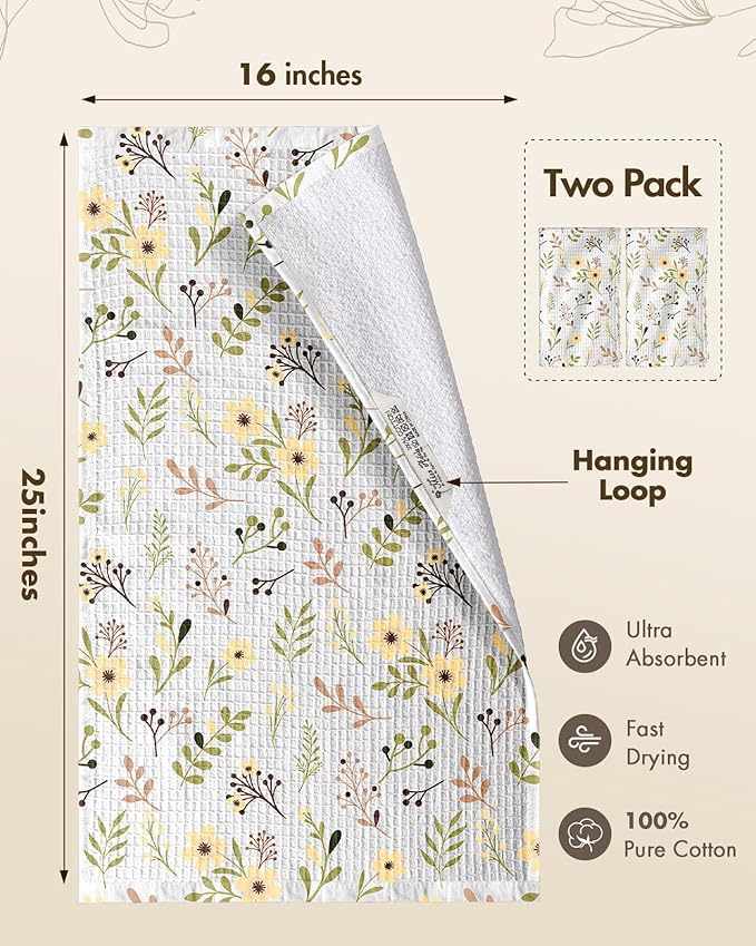 Miss Adola Cotton Waffle Kitchen Towels – Cute 370 GSM 16x25 Inch Terry Cloth Waffle Decorative Dishcloth for Kitchen Set of 2 with Hanging Loop Absorbent Hand Tea Towel for Home Design, Flower