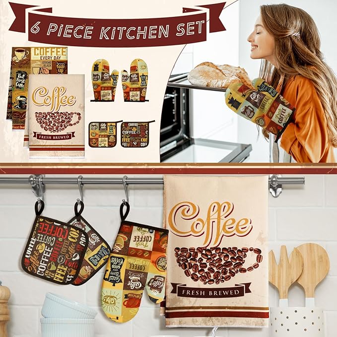 Bencailor 6 Pcs Spring Kitchen Decor Sunflower Pot Holders and Oven Mitts Sets Yellow Kitchen Towel 2 Farmhouse Cooking Mittens for Cooking Grilling Supply Accessories(Dark Brown,Coffee Patterns)