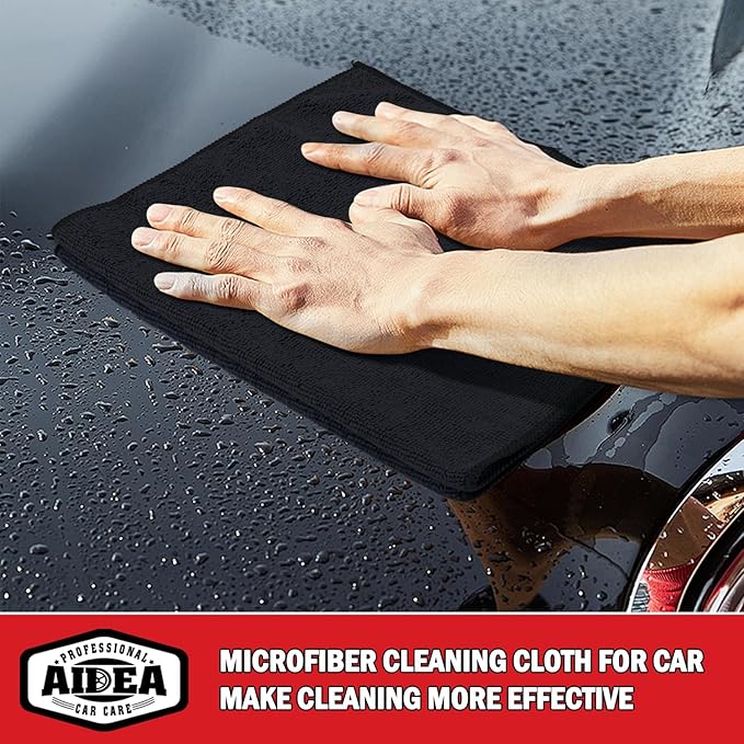 AIDEA Microfiber Cleaning Cloth 12 Pack, Microfiber Towels for Cars, Soft & Absorbent Cleaning Rags, Premium Lint Free Shop Towels for House, Kitchen, Car, 12inx16in, Black