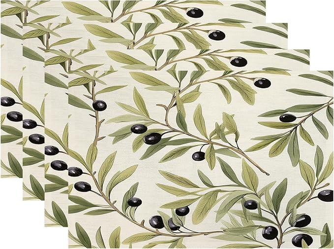 Batmerry Olive Branches Placemats, Leafy Olive Pattern Washable Linen Table Mats for Kitchen Table Double Insulation Decor Dining Set Indoor Outdoor 12X18 in Set of 4