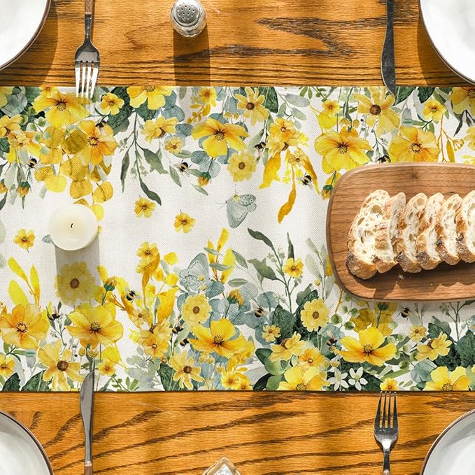 Artoid Mode Daisy Eucalyptus Leaves Spring Table Runner,Seasonal Summer Butterfly Kitchen Dining Table Decoration for Home Party Decor 13x72 Inch