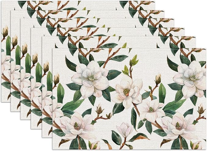 White Magnolia Flower Placemats Set of 6,Summer Flower Linen Place Mat Washable Stain Resistant Table Mats for Farmhouse Dining Party 12x18 Inch