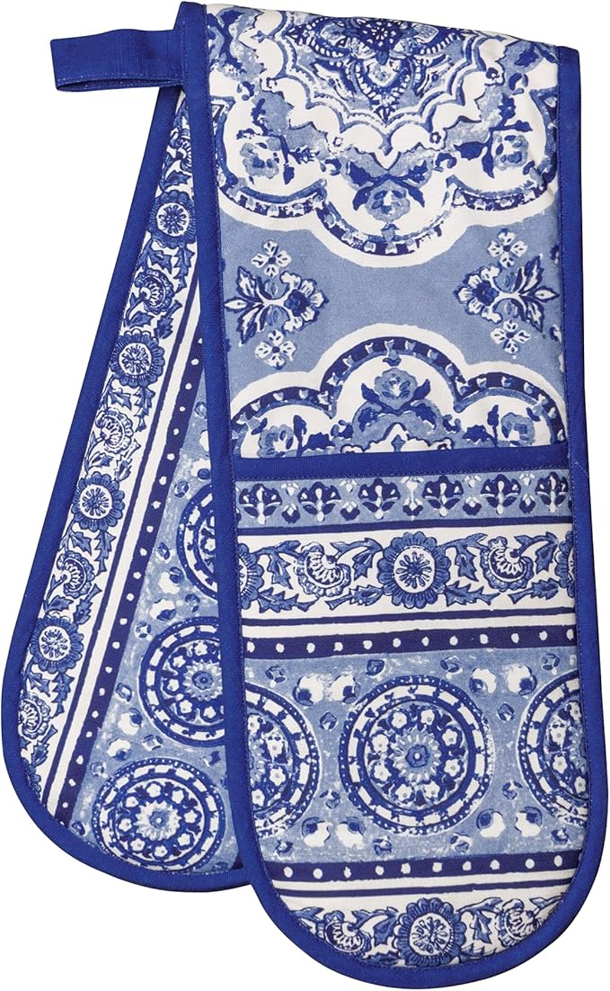Maison d' Hermine Double Oven Mitts 100% Cotton 7"x35" Double Oven Mitt Heat Resistant BBQ Cooking Gloves with Loop Baking Grilling Gifts for Mothers Day Spring Summer (Melodie Bleue)