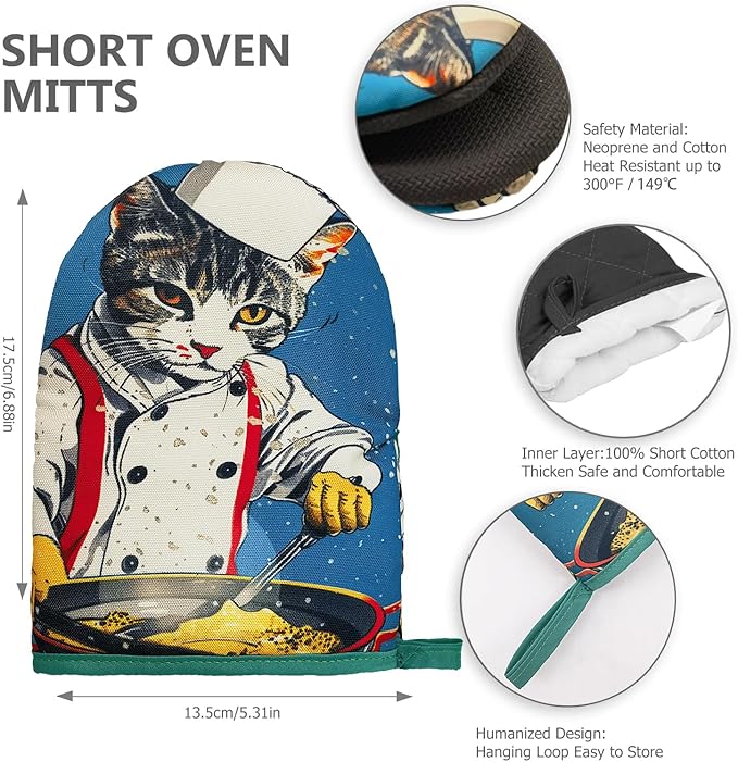 Cat Chef Oven Mitts, High Heat Resistant Kitchen Oven Gloves, Mini Silicone Oven Mitts, Non-Slip Grip Surfaces and Hanging Loop for Grilling, Baking, Cooking and Microwave, Gift