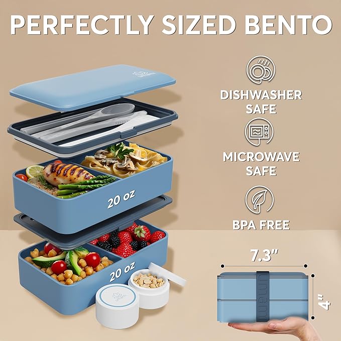 Umami Bento Box Adult All-In-1 w/4 Utensils, 2 Sauce Jar, 2 Dividers, 100% Leakproof, Microwave & Dishwasher Safe, Stackable Bento Lunch Box Containers for Men/Women, Denim Blue, 40 oz