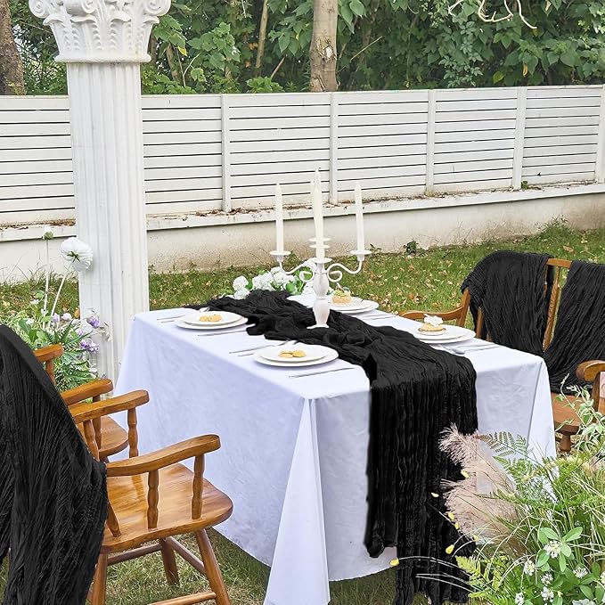IVAPUPU 6 Pcs Cheesecloth Table Runner - 10ft Black Spring Boho Gauze Black Cheese Cloth Table Runners for Indoor Baby Shower Decorations Wedding Party Garden Decor