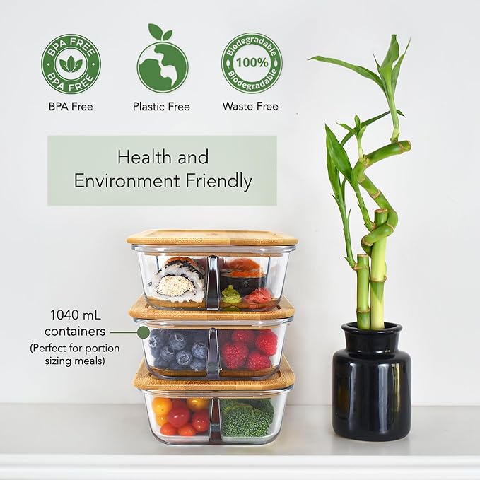 EcoPreps Glass Bento Box Containers with Bamboo Lids, 3 Compartment Glass Meal Prep Containers (3 Pack) - 100% Plastic Free, Eco-Friendly Lunch Container Set, Bamboo Lid Bento Boxes for Adults