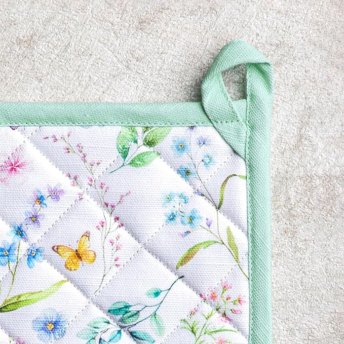 Maison d' Hermine Pot Holders 100% Cotton Heat Resistant Potholders 8" x 8" Hot Pads with Loop BBQ Cooking Baking Gifts for Mothers Day Handling Hot Pans Spring/Summer (Pack of 1, Just Floral)