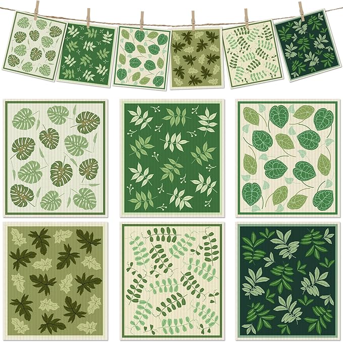 6 Packs Swedish Paper Cloths for Kitchen, Reusable Paper Towels Washable Dish Rags, Highly Absorbent Kitchen Towels Quick Drying Swedish Sponge Cleaning Dish Cloths(Green Plant Leaves)
