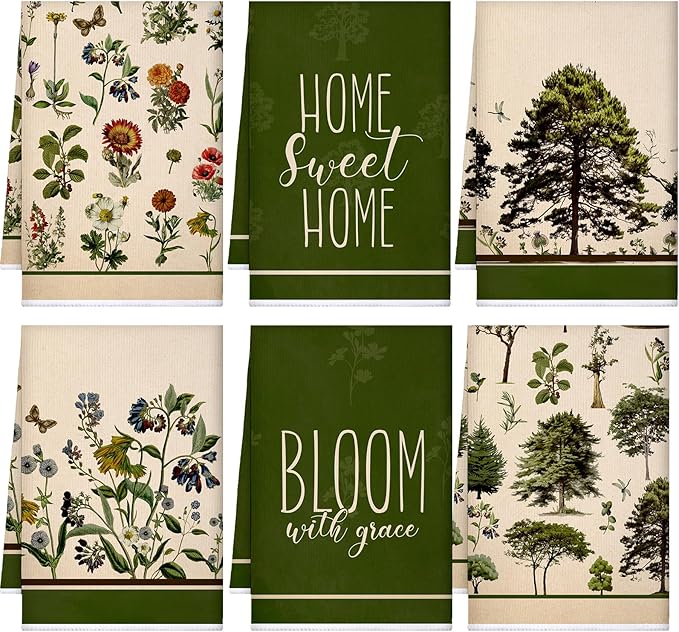 Bencailor 6 Pcs Spring Floral Kitchen Towels Decorative Sets Dish Towels Absorbent Fast Drying Hand Tea Vintage Hanging Reusable Cleaning Dishcloths for Cooking Farmhouse Bathroom Accessory