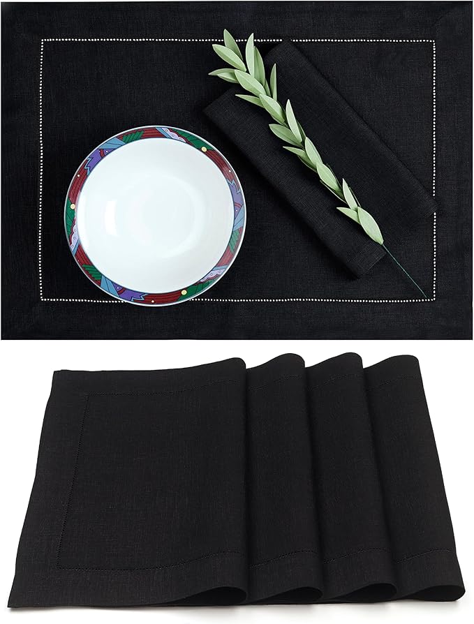 D'Moksha Homes Linen Placemats Set of 4 - Classic Hemstitch Black Placemats 14 x 19 Inch - 100% Pure Linen Table Mats for Spring - Handcrafted and Machine Washable