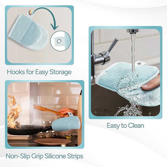 Casa Platino Silicone Oven Mitts & Pot Holders, 4-Piece – Oven Mitt for Baking & BBQ, Pot Holder for Kitchen, Hot Dishes & Microwave – Heat Resistant Up to 500°F, Non-Slip & Machine Washable – Aqua
