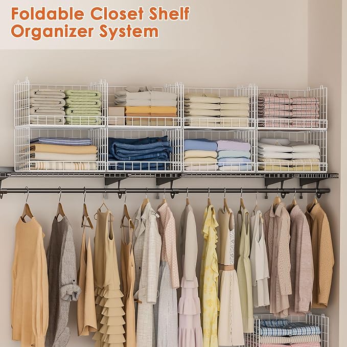 Yociyoga 8-Tier Stackable Closet Organizers and Storage Shelves, Foldable Closet Shelf Organizer, Stackable Storage Bins Drawers for Closet Organizer System, White(Patent Pending)