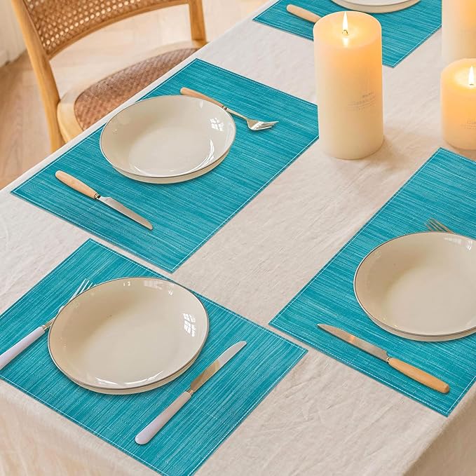 Niviy Teal Blue Placemats Set of 6, 12x18 Inch Washable Easy to Clean Heat-Resistant Anti-Skid Teal Blue Placemats for Holiday Party Kitchen Dining Room Decoration