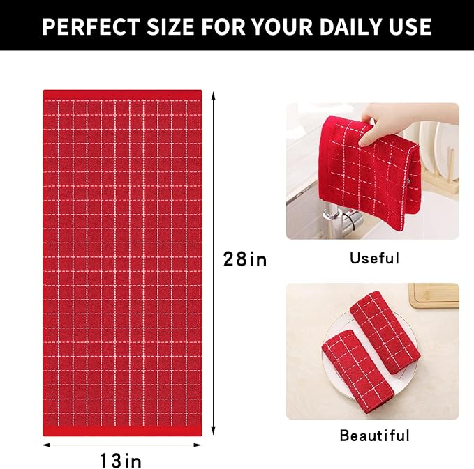 Homaxy 100% Cotton Terry Kitchen Towels(Red, 13 x 28 inches), Checkered Designed, Soft and Super Absorbent Dish Towels, 2 Pack