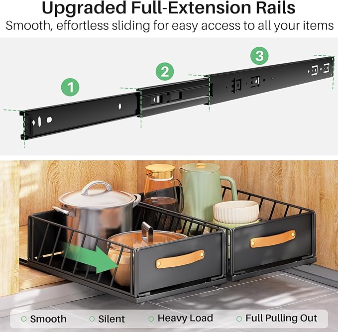Pull out Cabinet Organizer,Heavy Duty Slide out Pantry Shelves Drawer Storage with Adhesive Nano Film,Sliding Mesh Cabinet Basket with Handle for Kitchen, Bathroom, Home, 11.8"W X 15.7"D X6.2"H,Black