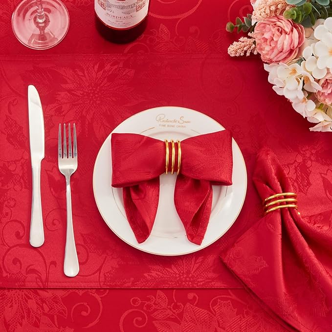 Cloth Napkins Set of 8 – Square Jacquard Floral Flowers Fabric Polyester Washable Reusable for Kitchen Dinner Dining Restaurants Wedding Party Banquet Table(Dark Red/17x17 Inch)