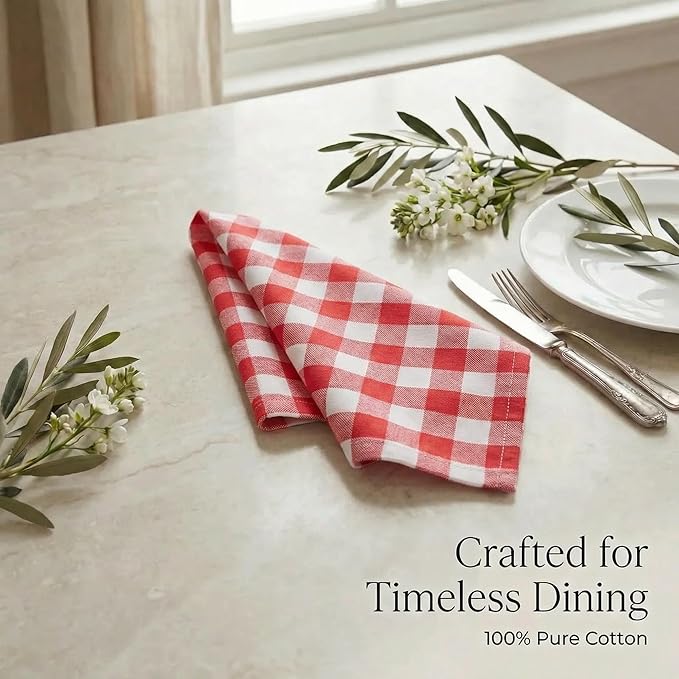 Urban Villa Cloth Napkins Set of 12 20x20 Inches 100% Cotton Napkins Cloth Washable Durable Reusable Absorbent Table Dinner Napkins Cloth for Farmhouse Party Hotel Lunch Restaurant Napkins - Red White