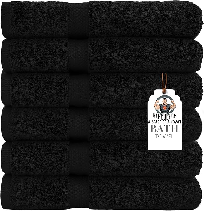 HERCULEAN Premium Bath Towels 24 x 48 Pack of 6 | Quick Dry and Highly Absorbent | 100% Cotton Terry Towels for Bathroom - Perfect for Shower - Pool and Spa - Luxury Soft Towels - Black