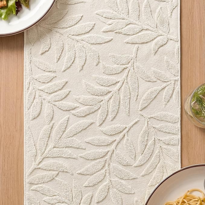 Artoid Mode Beige Soft Cotton Jacquard Leaves Spring Table Runner, Holiday Kitchen Dining Table Decoration for Home Party Decor 13x72 Inch
