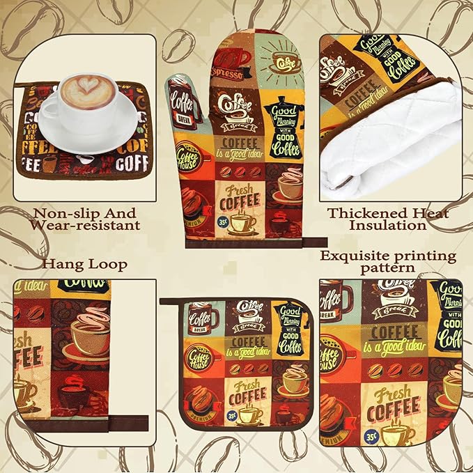 Fourluoo 10 Pcs Coffee Kitchen Decor and Accessories Coffee Oven Mitts and Pot Holders Set Dish Towels Farmhouse Kitchen Decor Retro Brown Gloves for Chef Baking Cooking Grilling BBQ Women Gift