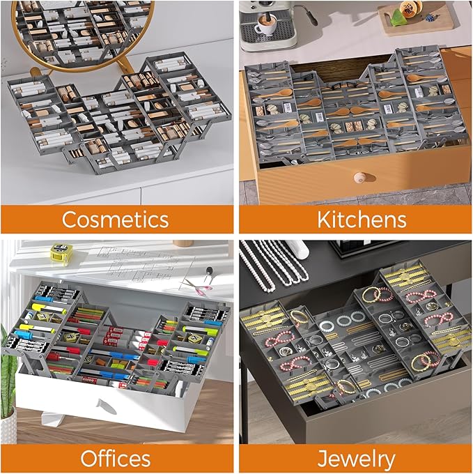 3 Tier Drawer Organizer - Expandable Junk Drawer Organizer Smart Office Supply Organizer, Folding Kitchen Drawer Storage Multi Level Desk Organizer for Makeup, Jewelry, Cosmetics Storage(2 Row 3 Tier)