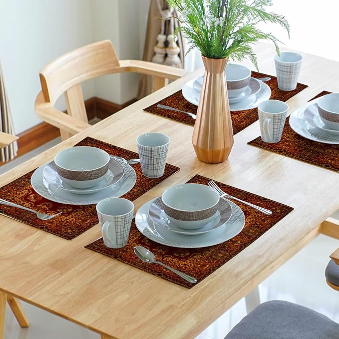 aportt Red Gold Boho Placemats Set of 4 Bohemian Vintage Retro Rug Carpet Linen Washable Kitchen Dining Table Mats Stain Heat-Resistant Desktop Decor Place Mats for Home Party Indoor 12x18 in