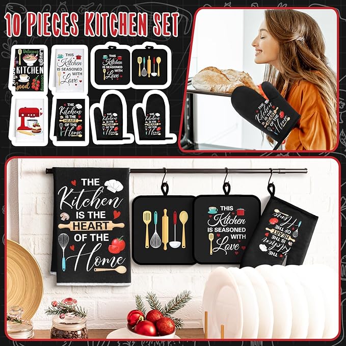 Leinuosen 8 Pcs Cuisine Kitchen Decor Accessories Set Farmhouse Towels Oven Mitts Pot Holders Dishcloths Set Kitchen Decorative Absorbent Gloves Potholders for Chef Baking Cooking