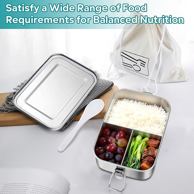 HaWare Stainless Steel Bento Box, 29oz (850ML) Leak-Proof Lunch Box for Kids Adults, 3 Compartments Food Containers with Removable Dividers and Bag, Metal Lunch Containers for Snack Meal Sandwich