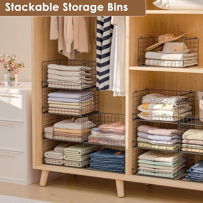 Yociyoga 4-Tier Stackable Closet Organizers and Storage Shelves, Clothes Shelf Organizer Basket Bins, Foldable Sweater Storage for Closet Organizer System, Black (Patent Pending)