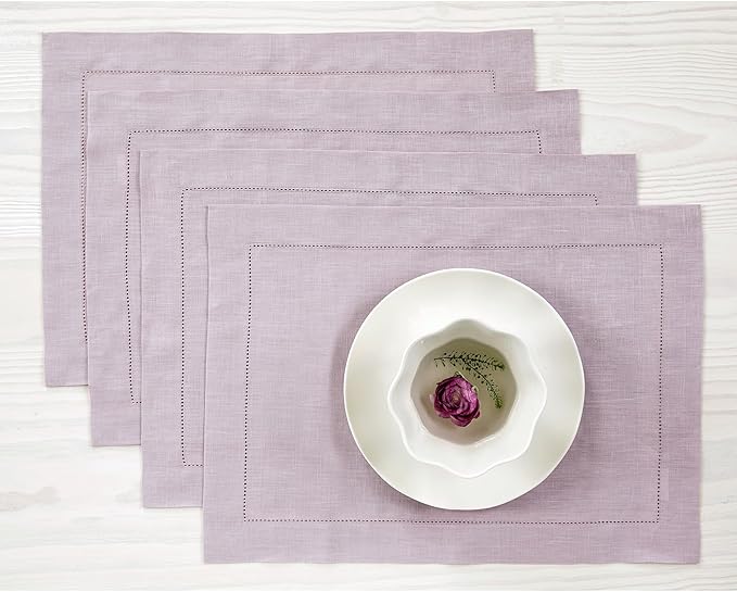 Solino Home Linen Placemats Set of 4 - Classic Hemstitch Lilac Placemats 14 x 19 Inch - 100% Pure Linen Table Mats for Mothers Day, Spring, Summer