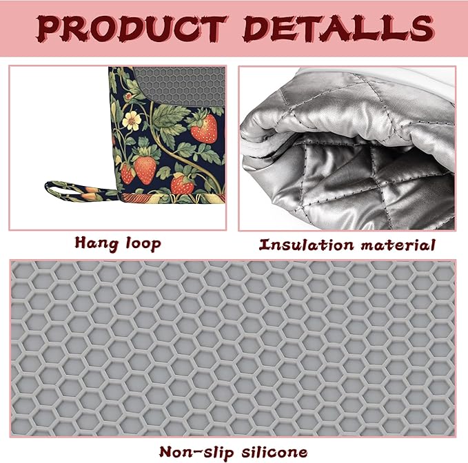 Retro Strawberry Bird Plant Flower Silicone Oven Mitts and Pot Holders,Heat-Resistant 4 Piece Kitchen Set Non-Slip Oven Gloves and Hot Pads for Cooking, Baking, Grilling,BBQ