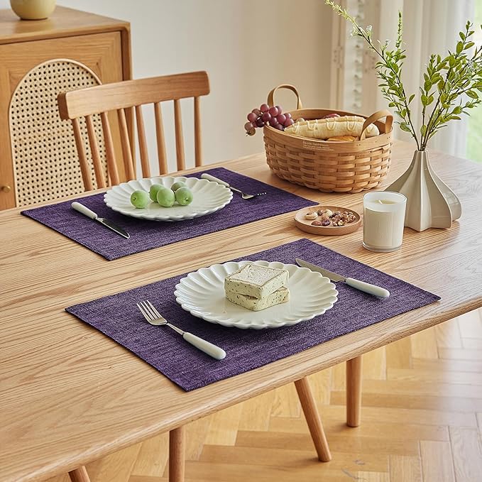 Softalker Faux Linen Placemats Set of 4-12 x 18 Inch, Heat Resistant Double Layered Durable Burlap Farmhouse Place Mats, Non-Slip Washable Rustic Table Mats for Dining, Kitchen, Party（Purple