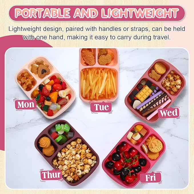 Honeydak 5 Pack Snack Containers 3 Compartment Bento Snack Boxes Divided Meal Prep Containers with Lids Reusable Adults Lunch Food Storage Box for School Work Travel(Rose Purple)