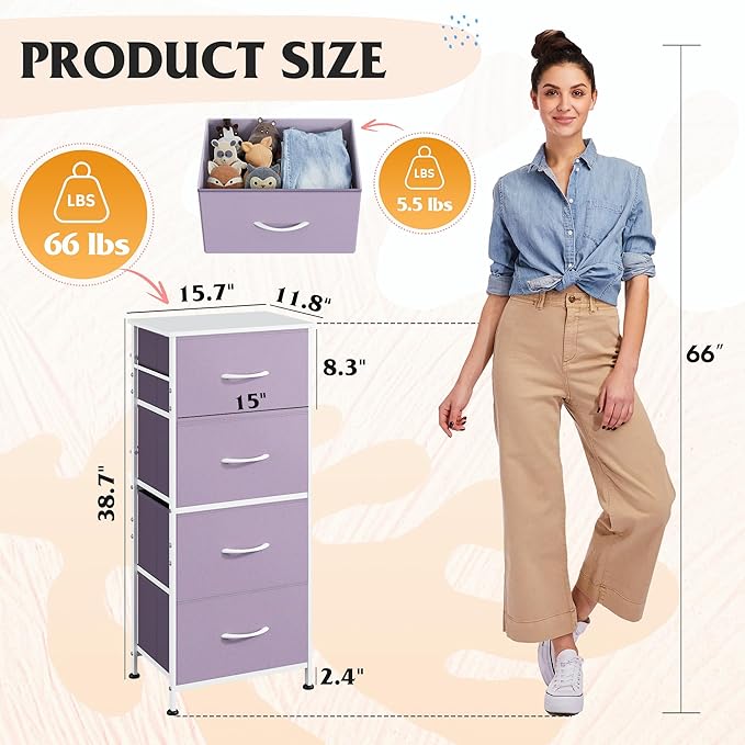 WLIVE Dresser with 4 Drawers, Storage Tower, Organizer Unit, Fabric Dresser for Bedroom, Hallway, Entryway, Closets, Sturdy Steel Frame, Wood Top, Easy Pull Handle, Purple