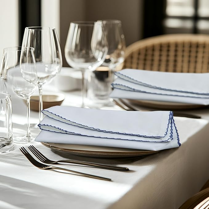 COTTON CRAFT Cloth Napkins - Set of 12 Soft Cotton 17x17 Inch White Dinner Napkins with Blue Border Trim – Absorbent Reusable Fabric Serviettes for Table Settings, Parties, Everyday Use