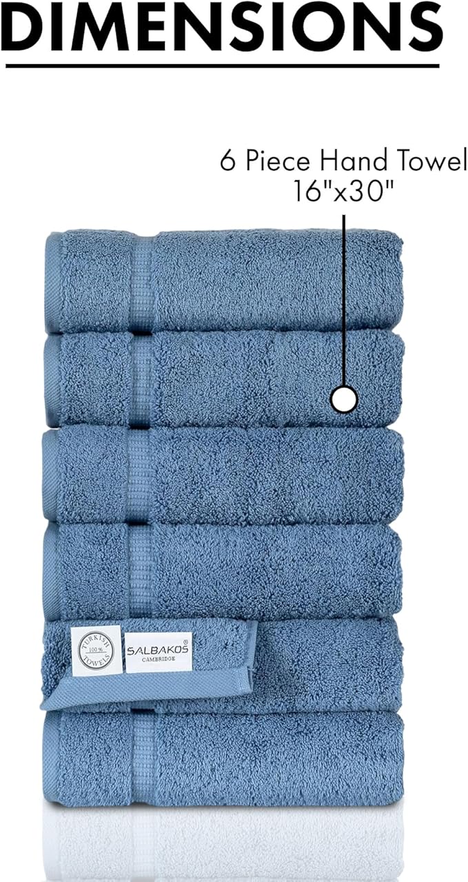 SALBAKOS 100% Turkish Cotton Hand Towels Set 6-Piece Blue 16x30 in | Luxury Premium Quality Thick Super Absorbent Turkish Hand Towel for Bathroom & Kitchen | Made in Turkey (Blue, 6 Hand Towels)