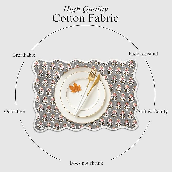 CPC Cotton Placemats Labra Grey Set of 4-Hand Block Printed Reversible Placemats, Flower Scalloped & Embroidered Cloth Table Mats - 14 x 20 inch Gift for Spring, Mother's Day